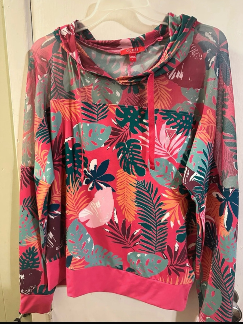 GUESS Pink Tropical Leaf Print Hooded Sweatshirt